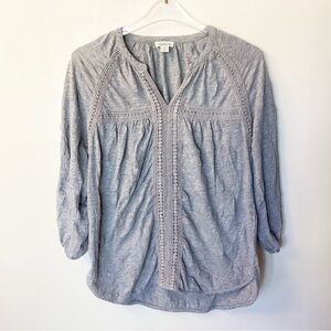 Sundance Boho 3/4 Sleeve Crochet Detail Crinkle Top - Gray - M